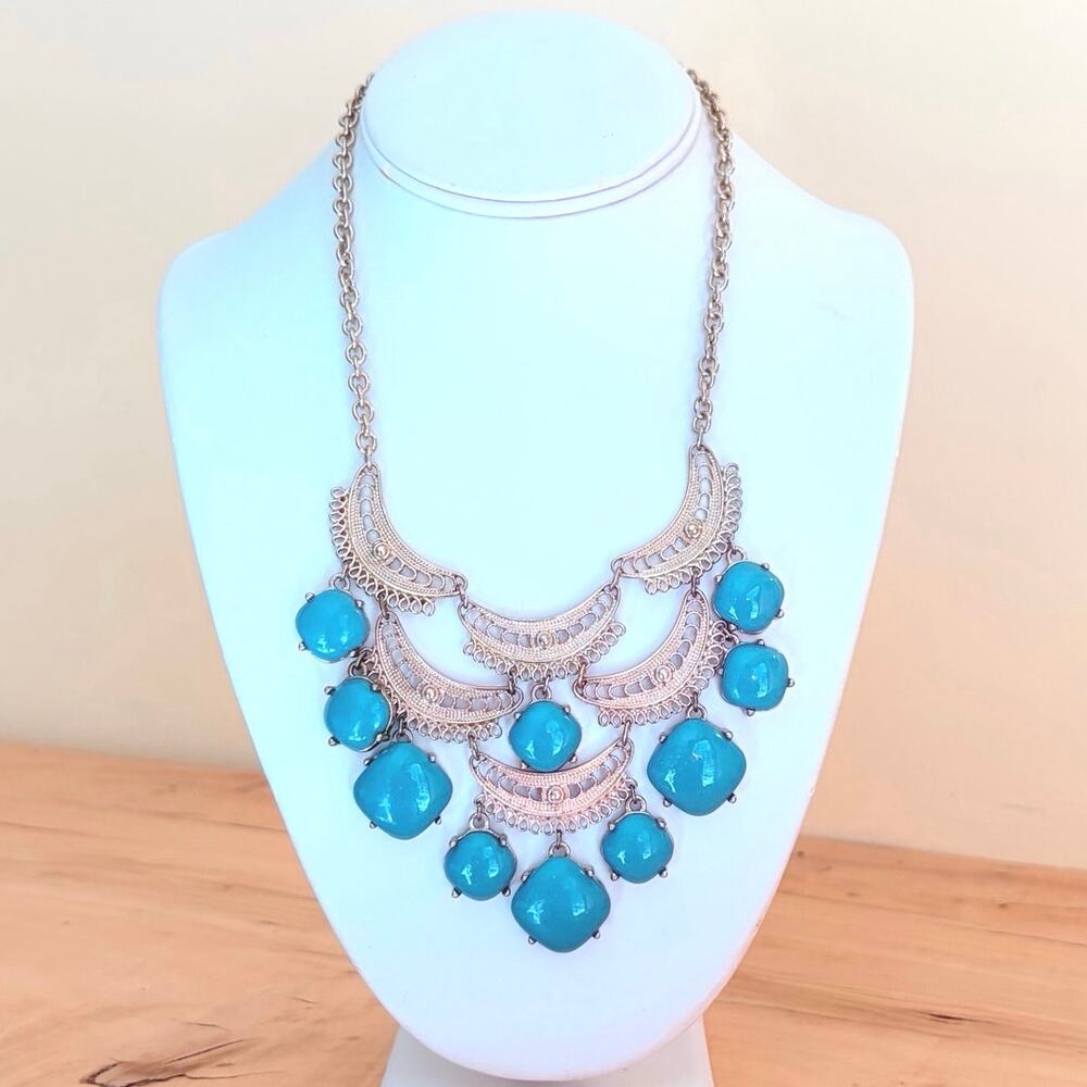 Vtg Boho Faux Turquoise Filigree Statement Bib Necklace Gold Tone Southwestern